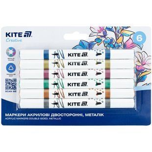 Маркери акрилові двосторонні Kite Creative (K-1293), 6 кольорів металлік