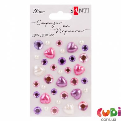 Стразы и жемчужины SANTI самоклеящиеся "Heart mix" розовые, сиреневые, 36 шт.