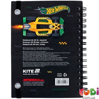 Блокнот на спіралі Kite Hot Wheels (HW26-229), А6, 80 аркушів, клітинка