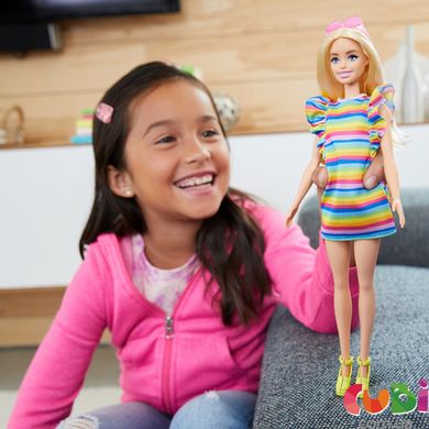 Кукла Barbie Модница с брекетами в полосатом платье, HJR96