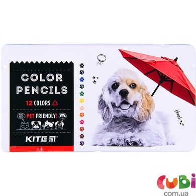 Карандаши цветные и трехгранные, 12 шт., металлический пенал Kite Dogs, K22-058-1