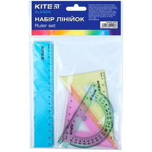 Набор: линейка 15 см, 2 треугольника, транспортер (ассорти цветов) Kite Classic (K-281)
