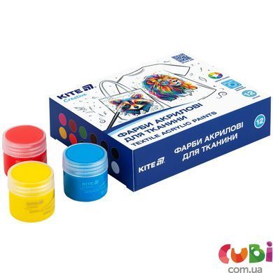 Фарби акрилові для тканини Kite Creative (K-276), 12 кольорів, 20 мл