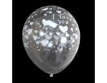 991932 Кульки повітряні, 12 , прозорі, з білими сердечками, I Love You, 100шт. уп., Gemar